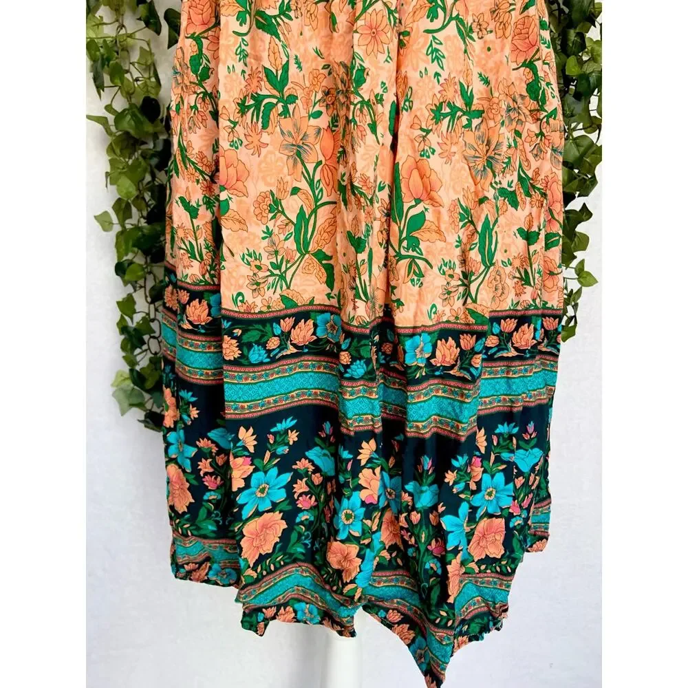 Boho Rayon Orange Teal Floral Halter Tie Empire Waist Mini Dress Women's Small - Picture 7 of 11